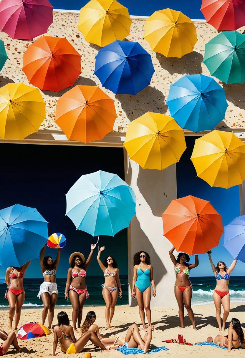A vibrant beach scene featuring diverse women of different body types and ethnicities wearing trendy bikinis and beachwear, lounging under colorful umbrellas, splashing in the waves, and enjoying a lively beach party. The background showcases a bright blue sky, sun-soaked sand, and playful beachballs, capturing the essence of summer fun. super-realistic. vibrant colors. sunny atmosphere.
