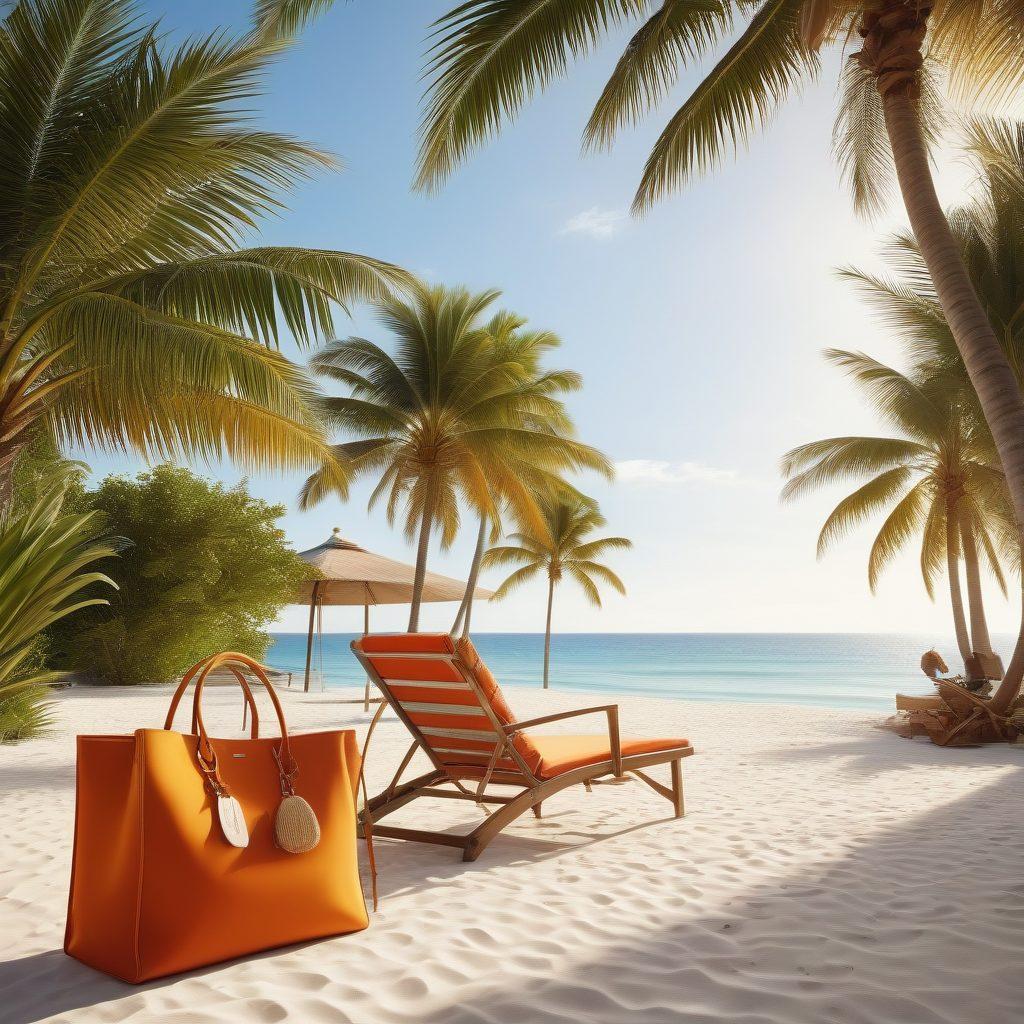 A vibrant beach scene showcasing an array of stylish beachwear essentials for women, including colorful swimsuits, flowy cover-ups, oversized sun hats, and chic beach bags. The backdrop features a serene ocean and golden sand, with sun loungers and palm trees in the distance. Soft sunlight casts a warm glow over the scene, inviting relaxation and summer fun. vivacious colors. 3D. super-realistic.